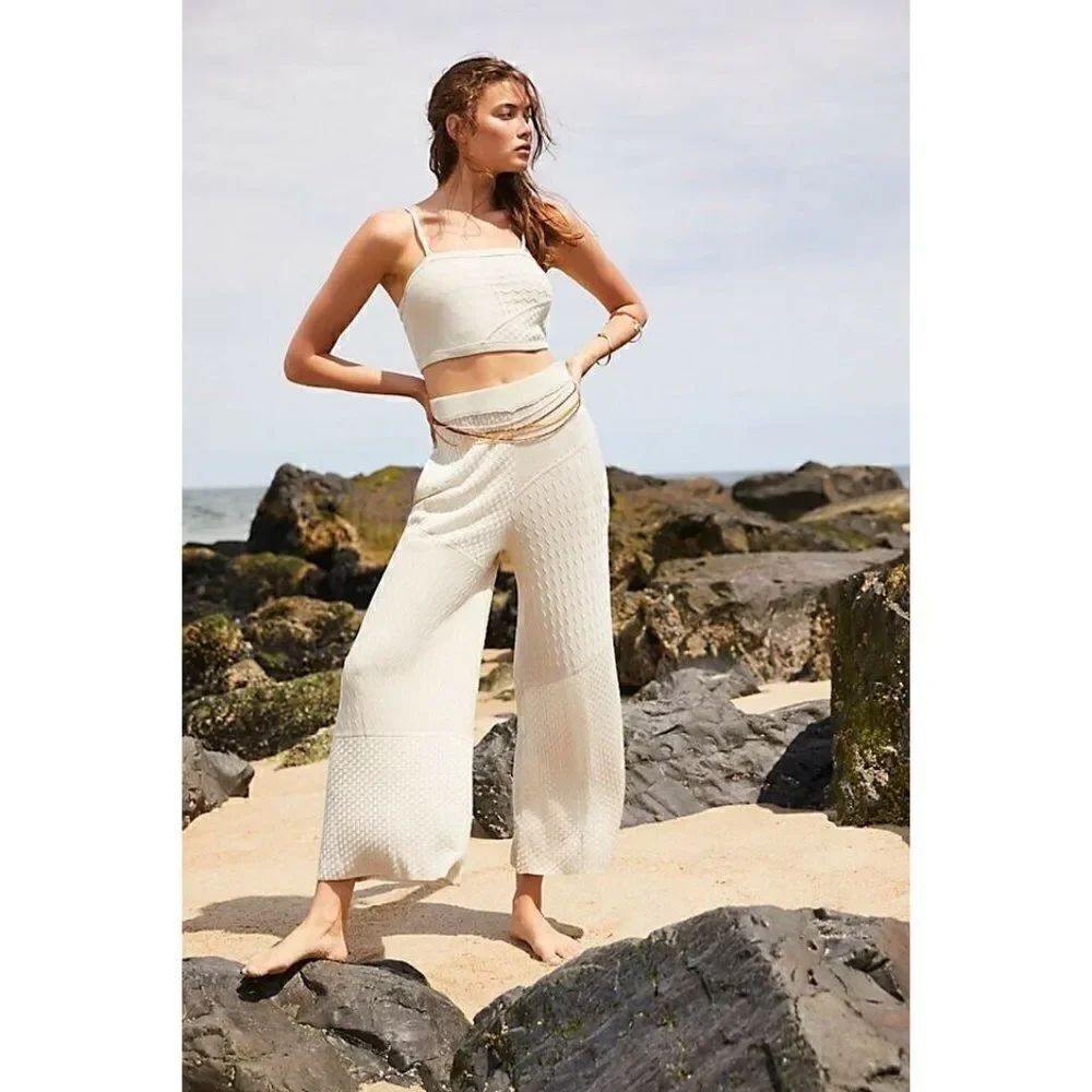 NEW FREE PEOPLE FP BEACH Sz S ANITA SWEATER SET KNIT CROP TOP WIDE LEG PANT SET